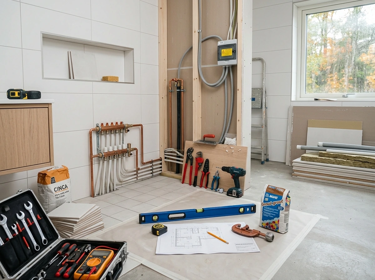 Badrumsrenovering med verktyg, kopparrör och byggmaterial utspridda på golvet.